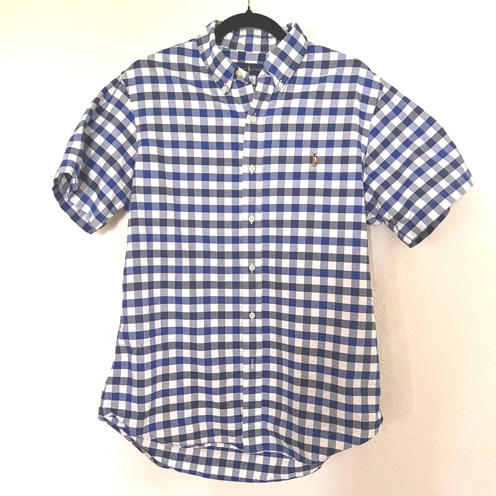 Ralph Lauren Mens Blue Gingham Check Short Sleeve Button Down Shirt Size M